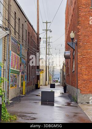 Alleyway between old brick building after rain showers in Alpena Michigan Stock Photo
