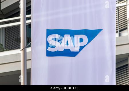 Berlin, Germany - November 1, 2025: Logo of SAP, German multinational software company. Stock Photo