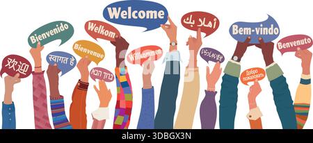 Multicultural raised hands holding welcome speech bubbles in many languages global Stock Vector