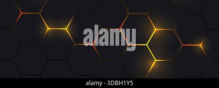 Black and yellow hexagonal technology vector abstract background. Yellow bright energy flashes under hexagon in modern technology futuristic wide Stock Vector