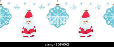 Flat seamless border of Christmas ornaments and Santa Clauses. New Year illustration. Vector design for paper, cover, fabric, interior decor, and othe Stock Vector