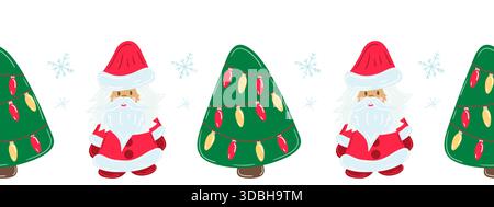 Christmas flat seamless border with Santa Clauses. New Year illustration. Vector design for paper, cover, fabric, interior decor Stock Vector