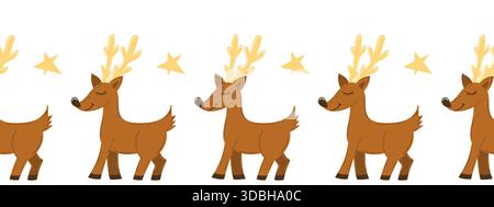 Christmas flat seamless border with deer. New Year illustration. Vector design for paper, cover, fabric, interior decor, and other uses Stock Vector