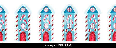 Christmas flat seamless border with Christmas houses. New Year illustration. Vector design for paper, cover, fabric, interior decor, and other uses Stock Vector