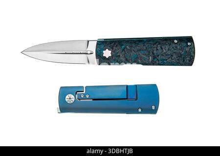 Modern folding pocket knife displayed open and closed, with a unique blue and black handle, on white. Stock Photo