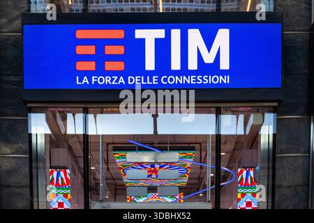 Milan, Italy - November 9, 2025: TIM (Telecom Italia) is a telecommunications company, offering a wide range of services including fixed-line, mobile, Stock Photo