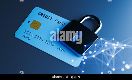 Credit Card Padlock Security Financial Protection Concept. 3d rendering Stock Photo