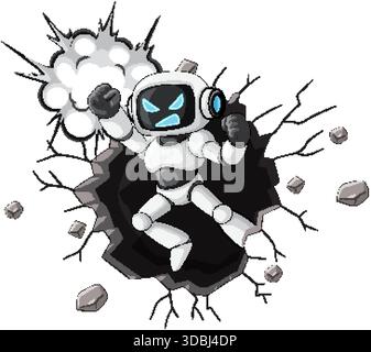 Cartoon robot bursts through shattered wall, dynamic pose, bold outlines, vibrant colors, energetic style Stock Vector