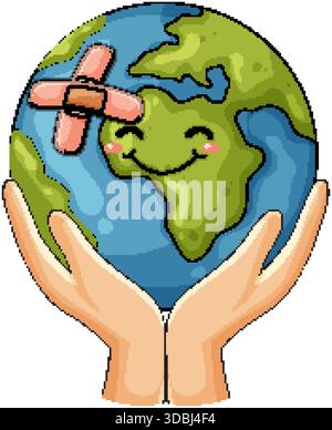 Cute cartoon Earth with bandage held in protective hands, flat vector style, white background Stock Vector