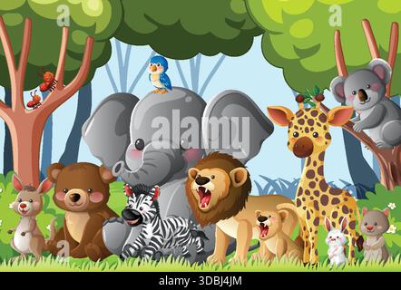 Colorful vector illustration of various jungle animals in a bright, playful cartoon style Stock Vector