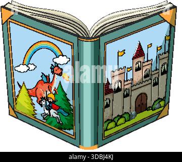 Vector illustration of an open storybook showing a knight on horseback, a dragon, rainbow, and medieval castle in bright cartoon style Stock Vector
