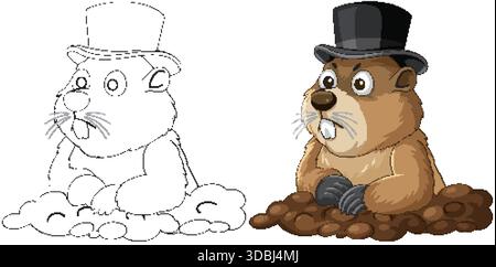 Cartoon groundhog with top hat in burrow, colored and outline versions, clean vector style Stock Vector