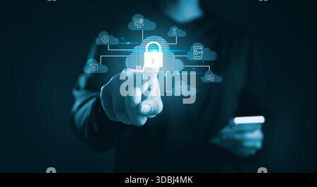 Hand touching cloud security interface lock icon represents cloud computing protection, data encryption secure network, cybersecurity solutions modern Stock Photo