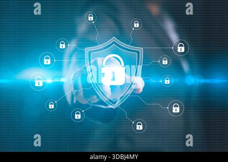 Digital shield lock icon connected across network nodes binary code background represent cybersecurity data protection secure infrastructure encrypted Stock Photo