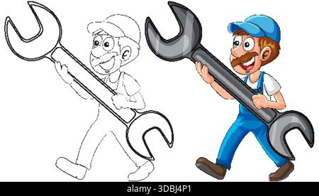 Smiling cartoon mechanic in blue uniform holding oversized wrench, side view, clean vector style Stock Vector