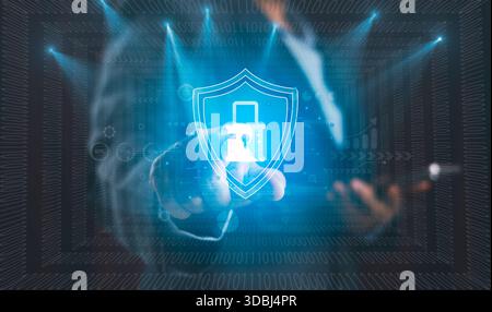 Digital shield with lock icon over binary code background represents cybersecurity, data protection, secure system, information privacy advanced techn Stock Photo