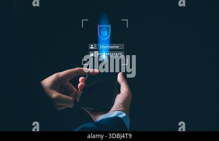 User accessing a mobile device with a glowing holographic login interface, illustrating secure authentication, password protection, cybersecurity, dig Stock Photo