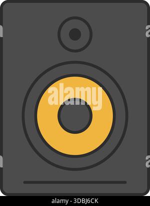 Black speaker cabinet with large woofer and small tweeter depicted from the front. Stock Vector