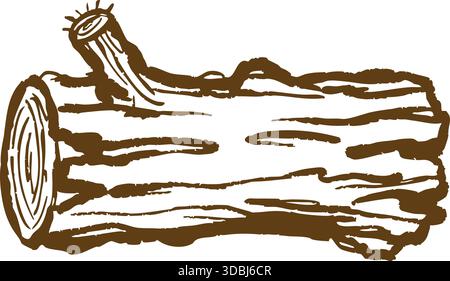 Wooden log section showing bark and concentric growth rings in rustic brown linework. Stock Vector