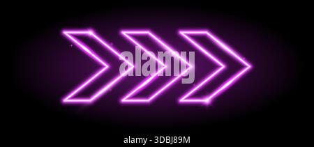 Purple neon arrow elements. Violet pink glowing led direction sign. Shine tube lamps in arrowhead shape. Bright luminous fluorescent pointer effect fo Stock Vector