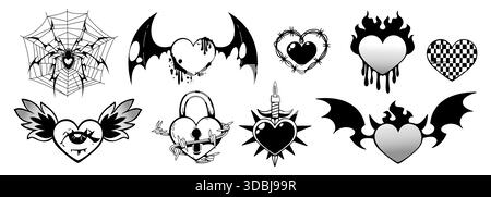 Goth heart tattoos set isolated on white. Vector illustration of black love symbols y2k design decorated with eye, devil or bat wings, lock, candle, spider web, wire, flame, old school punk stickers Stock Vector