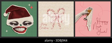 Halftone Christmas cards set with vintage paper collage stickers. Vector realistic illustration of retro holiday posters with female face in Santa hat, candy cane bow, hand holding champagne glass Stock Vector