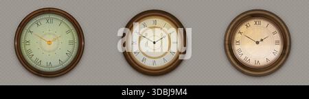 Vintage clocks set with roman numbers, elegant classic hands showing time isolated on transparent background. Vector realistic illustration of round retro watch, pocket timer, interior design element Stock Vector