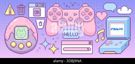 Retro pixel computer game icons collection. Vector illustration of 90s style pc, gamer console, digital toy, search bar, text cloud, info window, trash bin and warning sign, vintage software interface Stock Vector