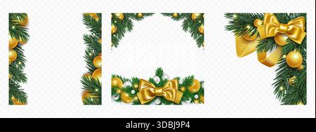 Christmas corner wreath frames with pine branches, golden ornaments and festive ribbon. Decorative evergreen borders with baubles, bow and spruce twigs - xmas holiday corner design elements. Stock Vector