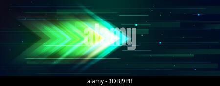 Green neon arrow boost with glowing light speed effects on dark abstract background. Luminous geometric shapes and horizontal lines in dynamic tech motion atmosphere for digital innovation visuals. Stock Vector