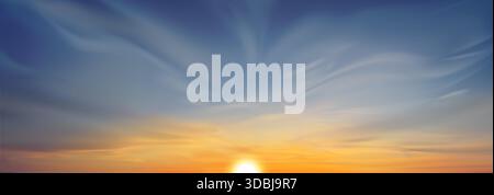 Realistic sunset sky with clouds, sun going down on horizon. Vector illustration of beautiful natural background, dramatic sunrise above sea or field, beautiful yellow blue gradient, heavenly skyline Stock Vector