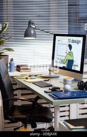 Modern Workspace Featuring Computer Monitor Displaying AI Design Illustration Stock Photo