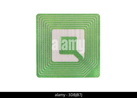 Sticky security chip isolated on white background. RFID smart label with integrated antenna. Radio frequency identification label for security Stock Photo