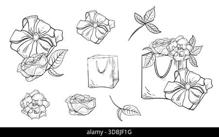 Various vector outlines elements for gift and flower arrangements with roses, bow, and shopping bag. Holiday present design for birthday or Valentines Stock Vector