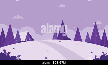 Minimalist purple winter scenery illustration featuring a cabin, pine trees, and snowy land suitable for seasonal events. Stock Vector