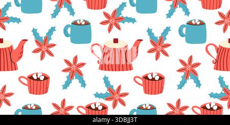 Seamless vector pattern with winter design: teapots, cups, marshmallow, poinsettia  Stock Vector