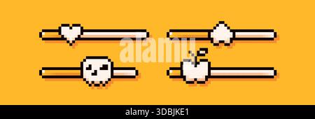 4 different loading yellow bars. Pixel art simple style. Heart, apple, skull and house icons. Stock Vector
