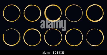 Brush drawn golden round frames. Circular textured imperfect shapes for design. Empty spheres and ellipses, client art. Vector graphics Stock Vector