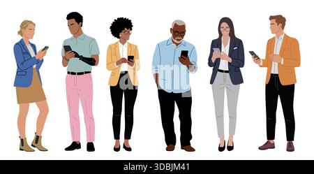 Men and women standing and using smartphones Stock Vector