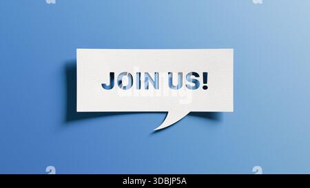Join us message cutout in white paper speech bubble on blue background for recruitment, invitation, and team building concepts Stock Photo