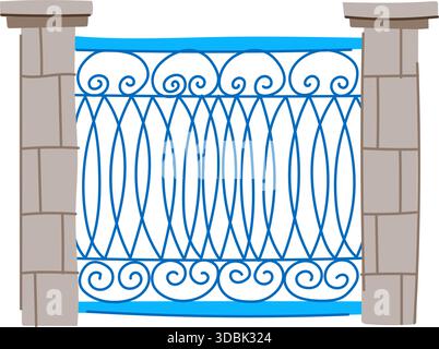 Blue decorative metal fence panel with stone pillars Stock Vector
