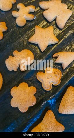 Freshly baked homemade gingerbread cookies in various shapes cooling on a dark baking tray. Traditional Christmas baking, warm colors, cozy homemade a Stock Photo