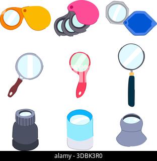 Different magnifying glasses and loupes illustrating observation Stock Vector