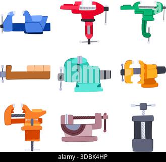 Vises collection illustrating workbench clamping and holding tools Stock Vector