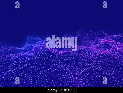 Abstract technology background showing a network grid of dots forming a wavy landscape, visualizing data flow and connections Stock Photo
