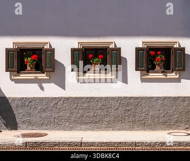 Three small windows with wooden shutters and red flowers in pots on a white wall. Stock Photo