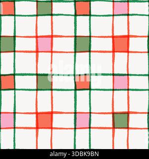Red, green and pink check with squares vector seamless pattern, organic jagged lines grid background Stock Vector