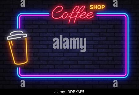 Warm neon vector frame with coffee shop lettering and takeaway cup icon. Designed for cafe menus, social media posts, and cozy night branding. Stock Vector