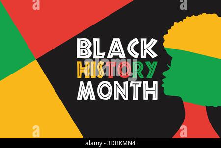 Black History Month Banner with Colorful African Woman Silhouette and Geometric Background Stock Vector