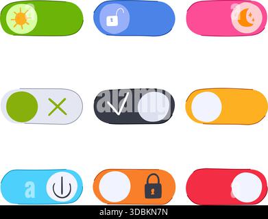 Hand drawing user interface toggle switches with various icons Stock Vector